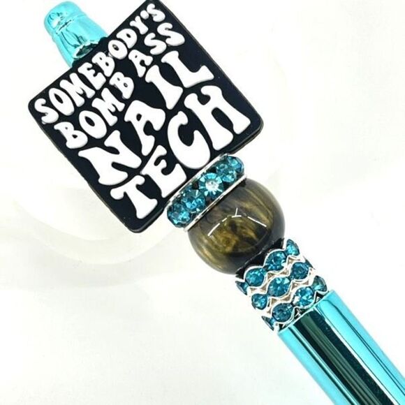 Somebody’s Bomb A** Nail Tech handmade pen NEW beads rhinestone bling black whit - Picture 4 of 5